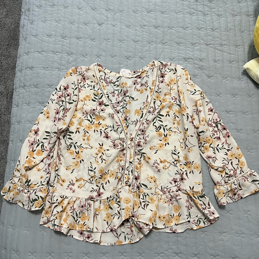 Floral Ruffle Trim Blouse - Cream and Yellow